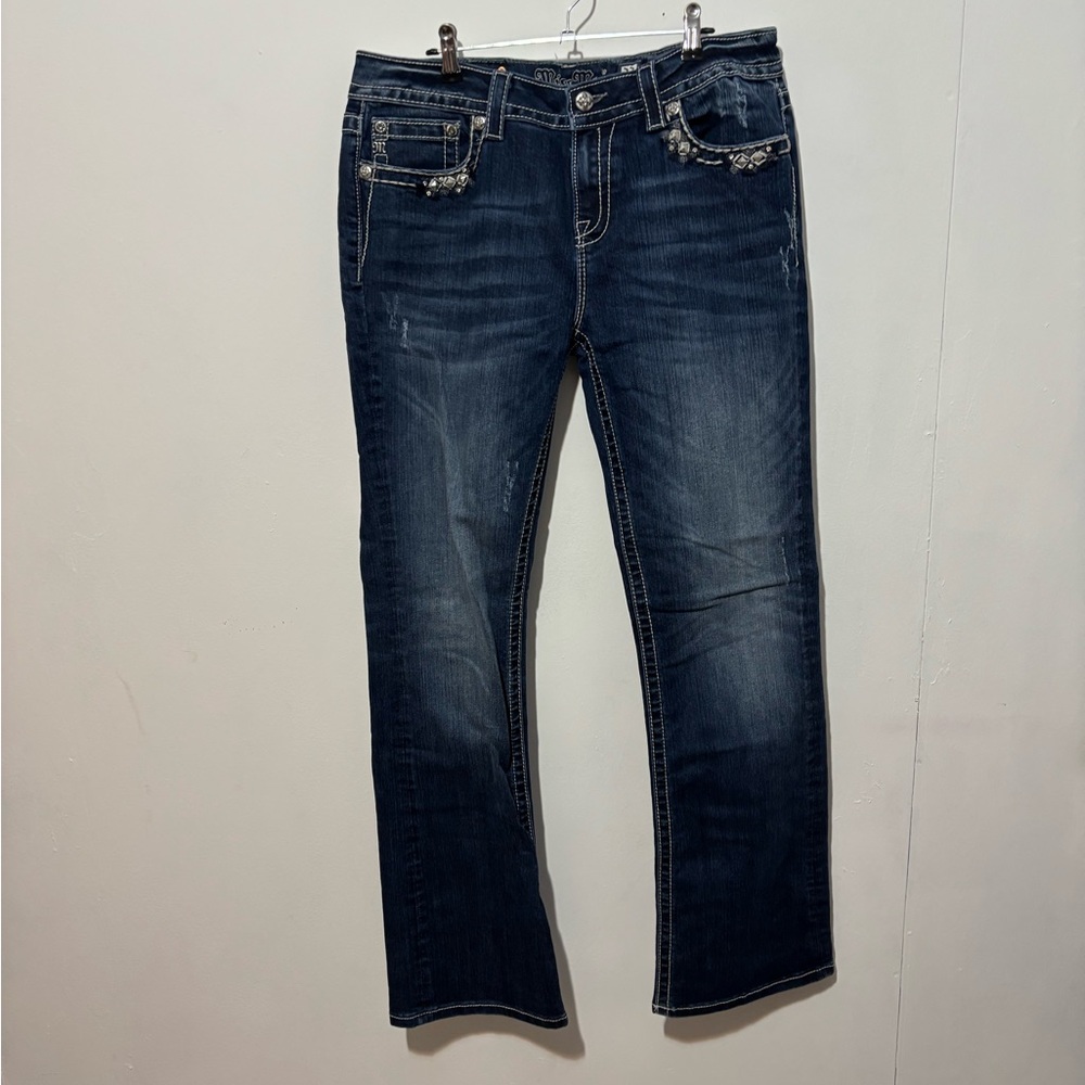 Miss Me Dark Blue Boot Cut Jeans with Embellished Pockets